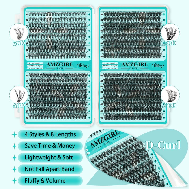 Lash Clusters Kit 640Pcs, 30D+40D+50D+60D Eyelash Extension Kit, Lash Bond and Seal Waterproof, Lash Remover, Lash Applicator Tool and Function Brush for DIY Lash Extension Kit(D-Mix9-16mm Kit)