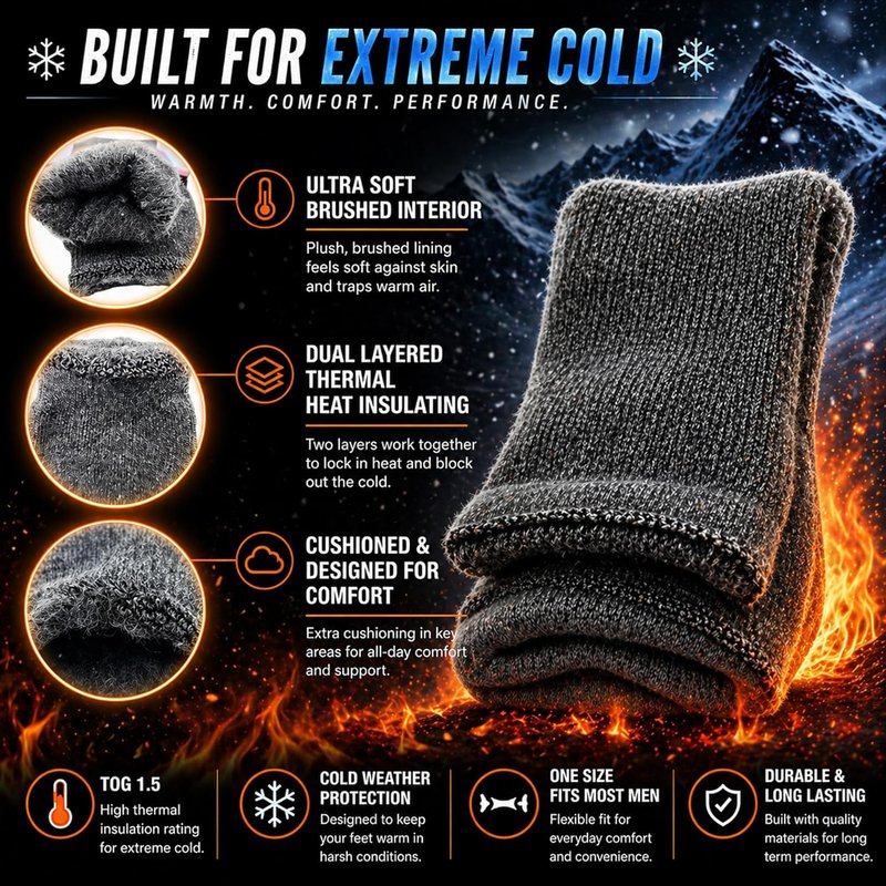 Men's Thermal Boot Socks - Cushioned Heavy Duty Warm Hiking Socks | 3 Pairs