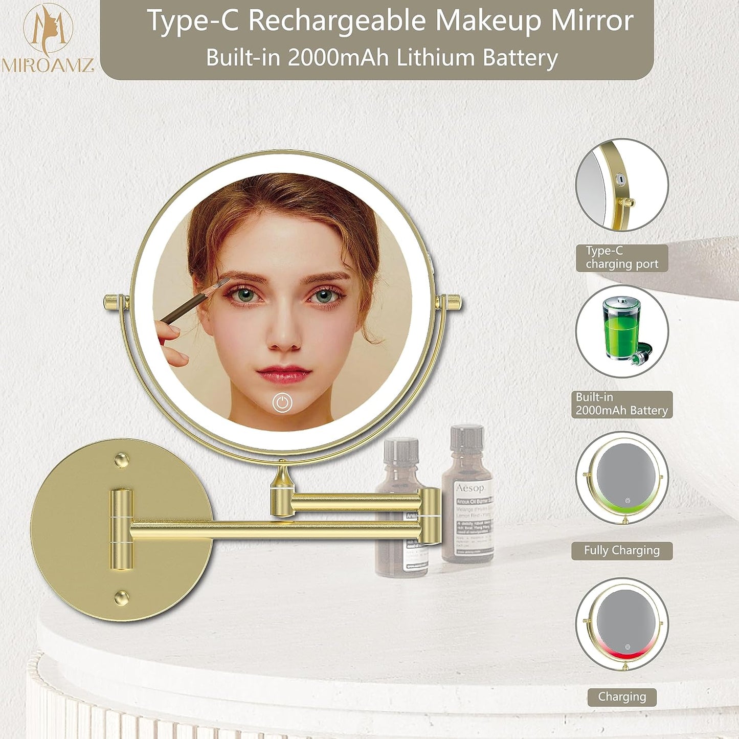 Lighted Makeup Vanity Mirror - 8 Inch Double-Sided 1X/10X Magnification | 3 Color Lighting, Touch Screen Dimming, 360° Rotation, Gold