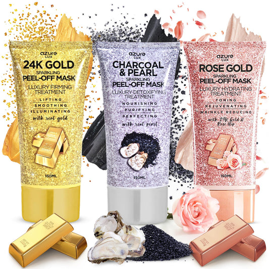 AZURE Sparkling Peel-Off Masks Bundle - Rose Gold Hydrating Peel-Off Mask - 24K Gold Firming Peel-Off Mask - Charcoal & Pearl Anti-Aging Skincare - 150 ml / 5.07 fl.oz