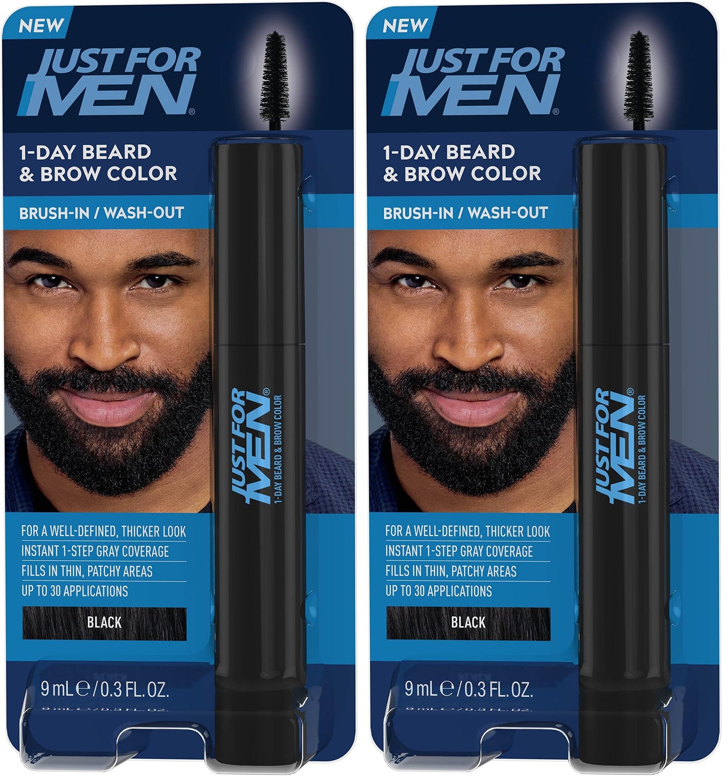 Just for Men Beard & Brow Color, Temporary Color, Black | Fuller Look | 1-Day | Pack of 2 | 30 Applications