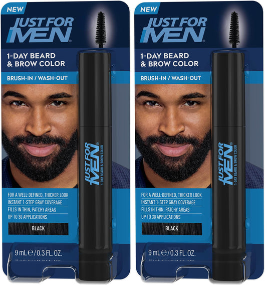 Just for Men Beard & Brow Color, Temporary Color, Black | Fuller Look | 1-Day | Pack of 2 | 30 Applications