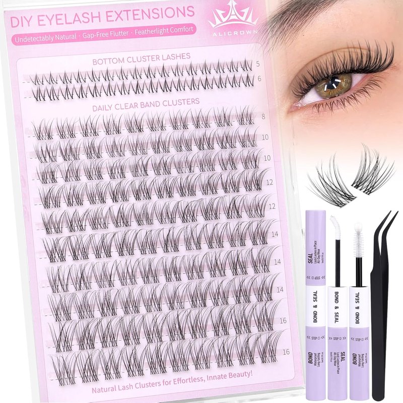 Natural Lash Clusters Kit - Wispy C Curly Eyelash Extensions with Invisible Band | 132 Pcs DIY Set
