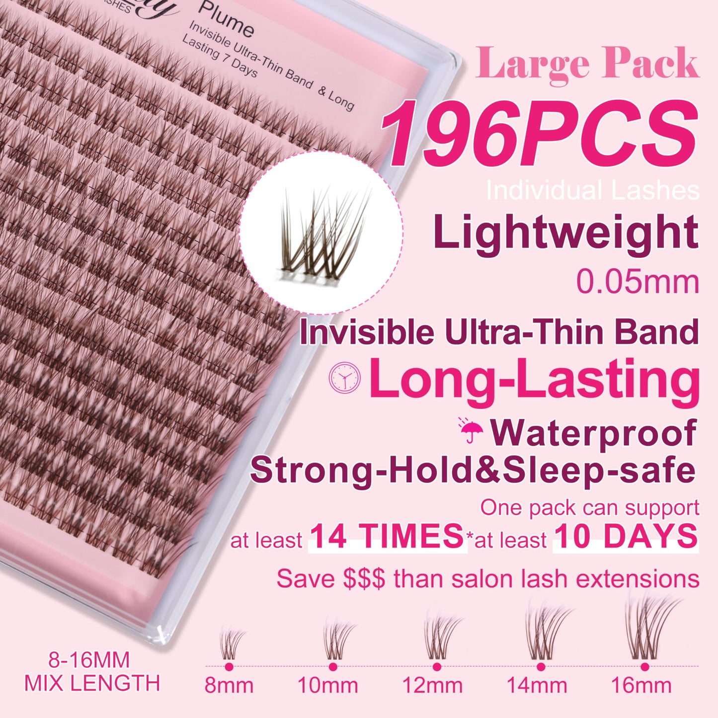 Plume Brown Lashes Natural Lash ClustersWith Invisible Band DlY Lash Extension Kit Eyelash Kit with Bond and Seal 8-16mm C Curl Beginner Individual Lashes Long lasting Makeup For Girl