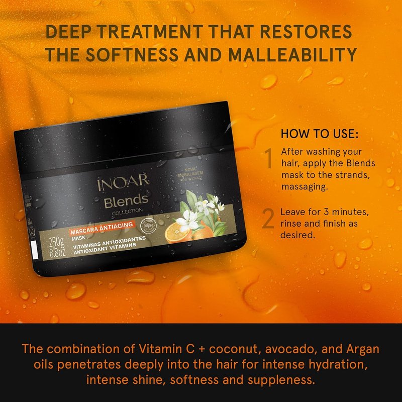 Inoar Blends Vitamin C & Argan Oil Hair Mask - Moisturizing Treatment for Dry Hair | 8.8 Fl Oz
