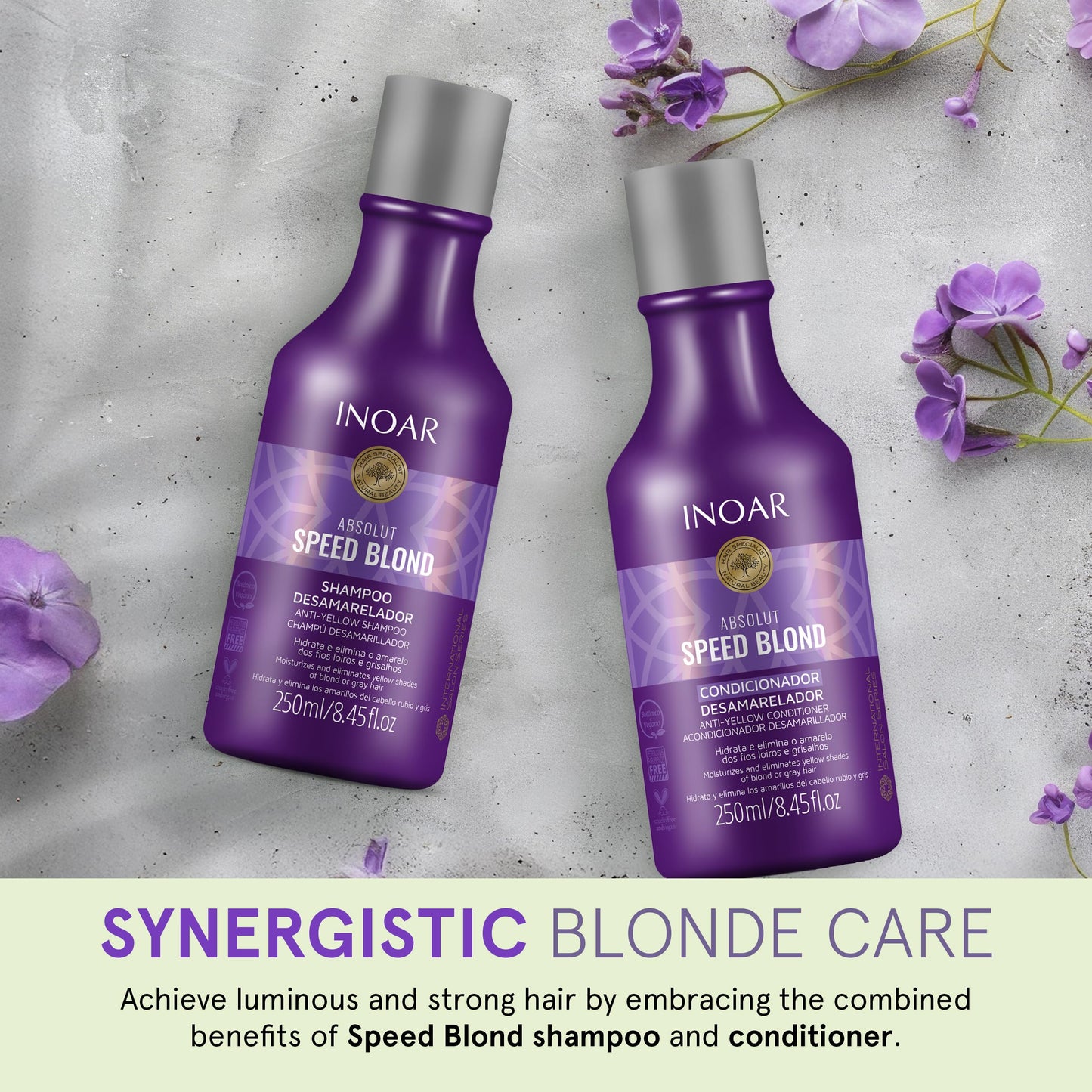 Inoar Absolut Speed Blond Shampoo & Conditioner Kit with Argan Oil for Blonde, Silver & Gray Hair with Tone Neutralization & Hydration, 8.45 fl.oz