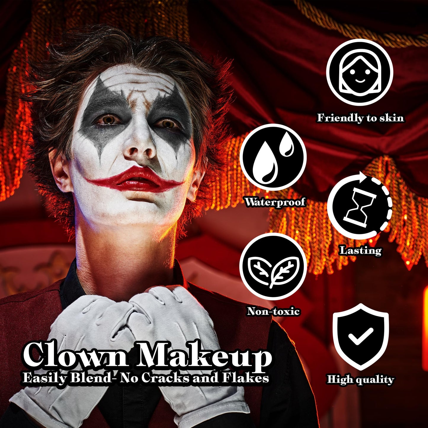 VANERIA Clown Makeup Halloween, Black White Red Cream Face Body Paint for Halloween, SFX Makeup Set with Vampire Teeth & Fake Blood, Clown Art Theater With Brushes