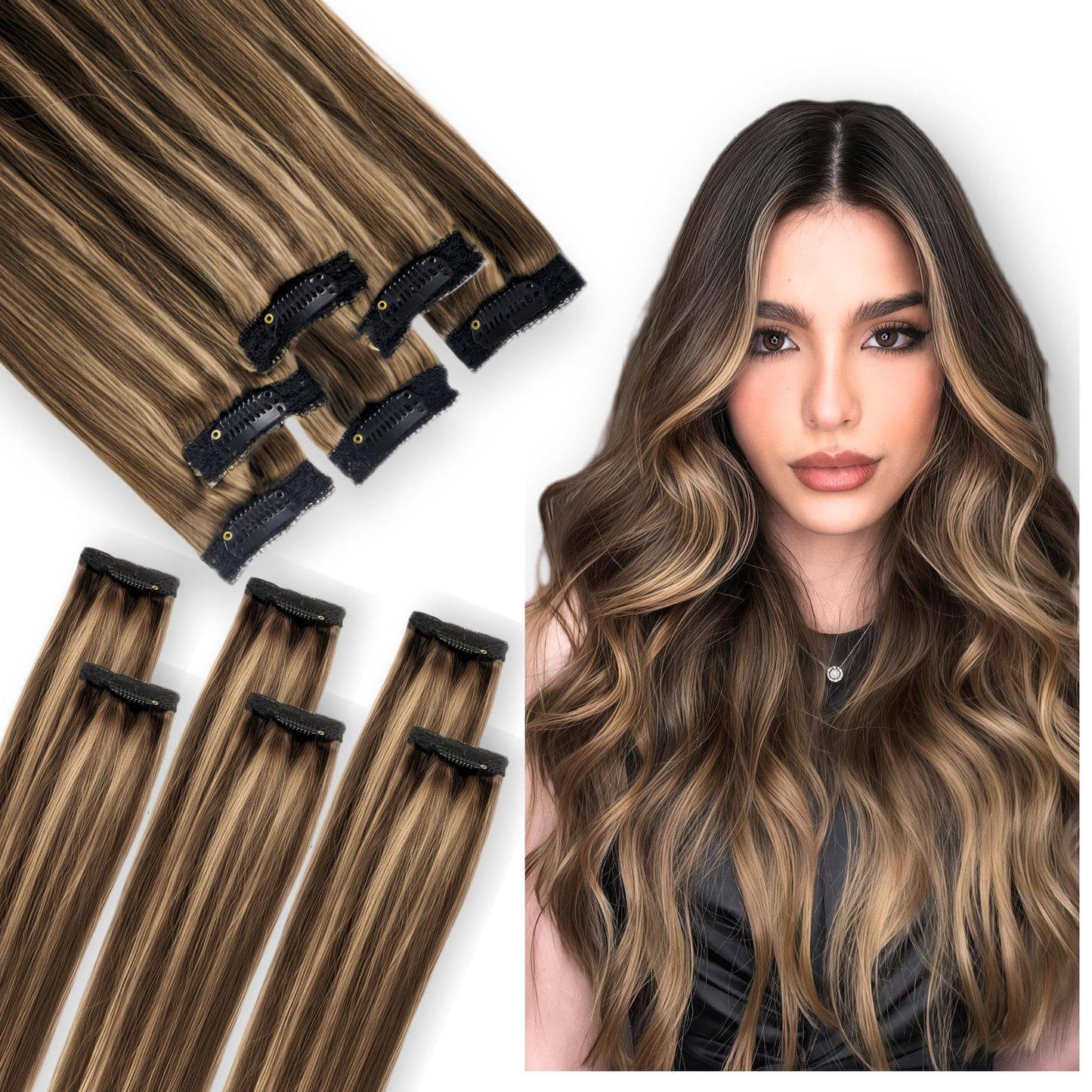 Single Clip In Hair Extensions Real Human Hair, Short Hair Extensions Clip Ins, Remy Balayage Highlight Seamless Hairpieces for Women 6 Pcs 12 Inch 33g Medium Brown Mixed Honey Blonde