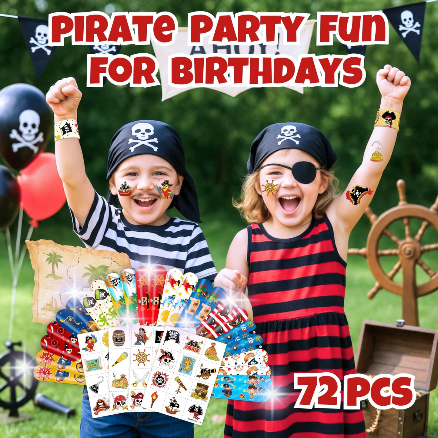 Pirate Party Favors for Kids, 72Pcs Tattoos and Slap Bracelets for Rewards