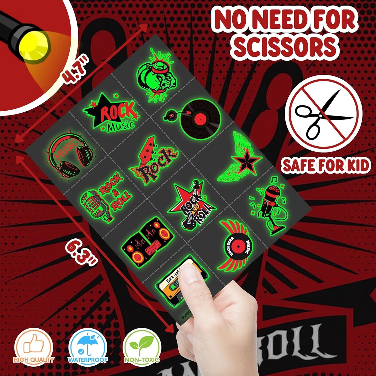 Rock Party Favors - 72 PCS LED Finger Lights & Tattoos Combo | Glow in the Dark Goodie Bag Fillers for Kids