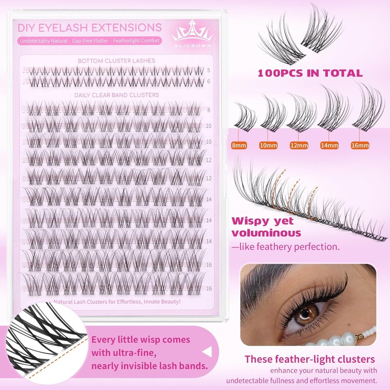 Natural Lash Clusters Kit - Wispy C Curly Eyelash Extensions with Invisible Band | 132 Pcs DIY Set