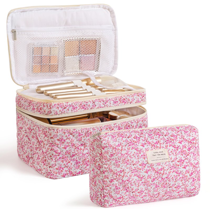 HBselect 2Pcs Travel Makeup Bag, Large Cotton Quilted Makeup Bag Cosmetic Bag Cute Make up Bag Toiletry Bags for Women Girls