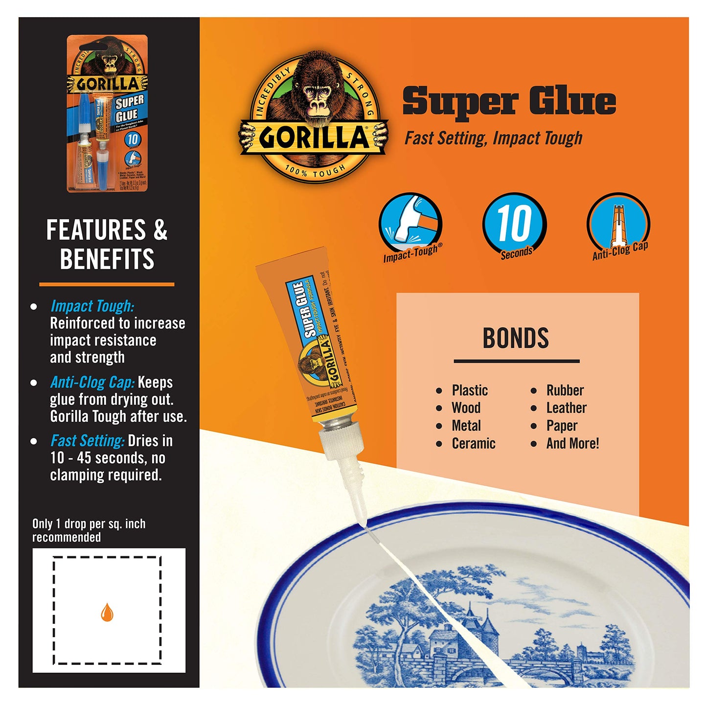 Gorilla Super Glue, Fast‑Setting, Impact‑Tough All‑Purpose Adhesive with Anti-Clog Cap, 4 -3 g Tubes, (Pack of 1) - Clear