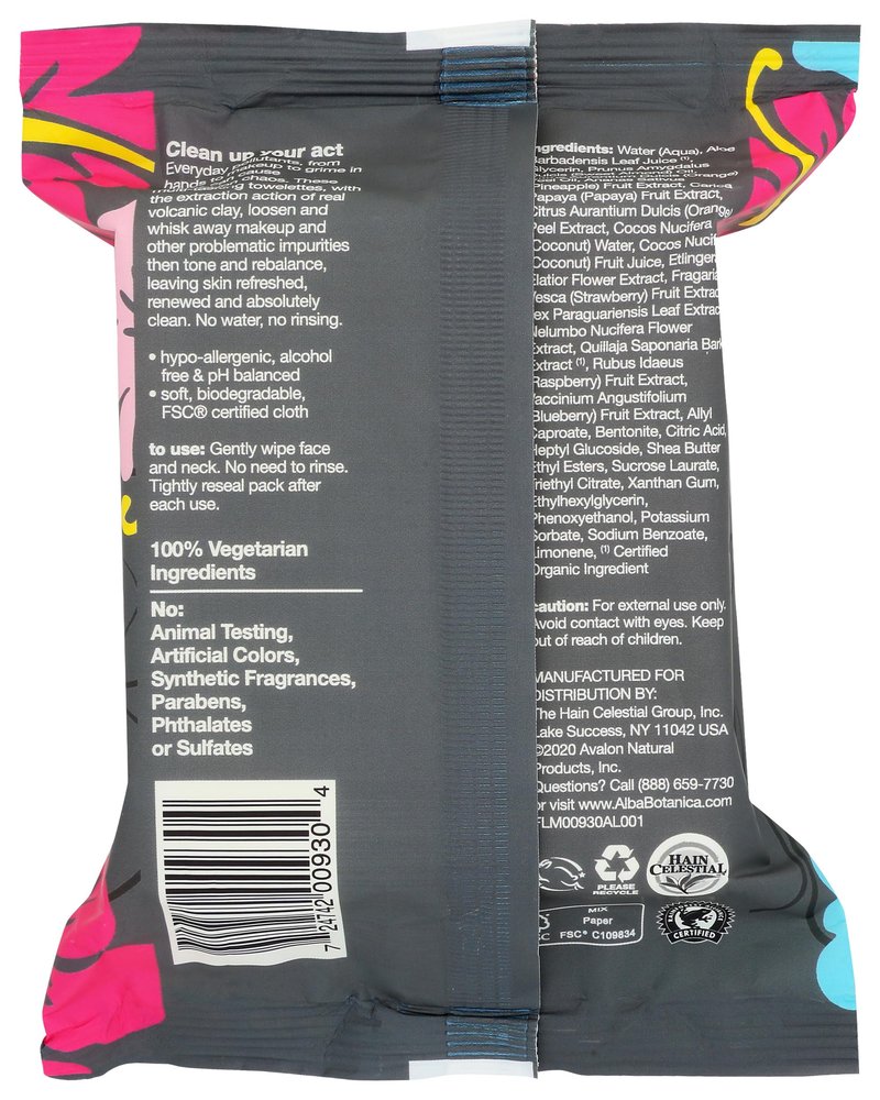 Alba Botanica Hawaiian Detox Towelettes, Anti-Pollution Volcanic Clay, Fragrance Free, 25 Count (Packaging May Vary)