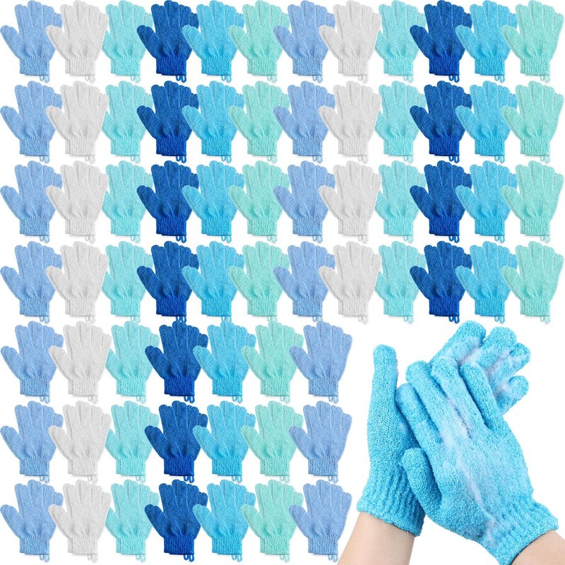 Cuffbow 90 Pcs 45 Pairs Exfoliating Double Sided Bath Gloves with Hanging Loop Colorful Body Shower Gloves for Men Women Beauty Spa Massage Clean Shower Skin Bathing Scrubber Accessories(Blue)