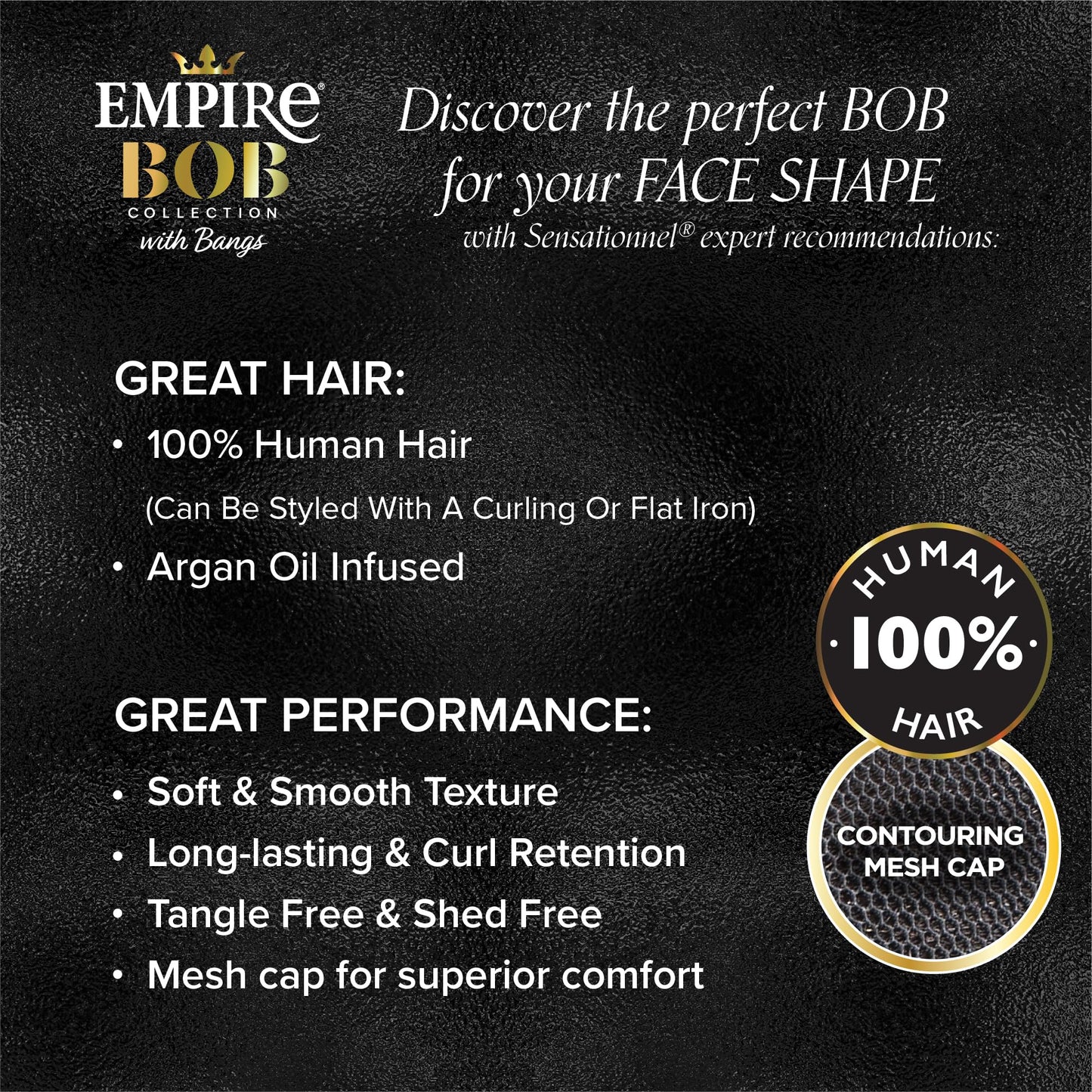 Sensationnel Empire Bob Humanhair Wig - Straight Cut Face Framing Mesh Cap for Comfort With Bangs (10 inch, 1 JETBLACK)