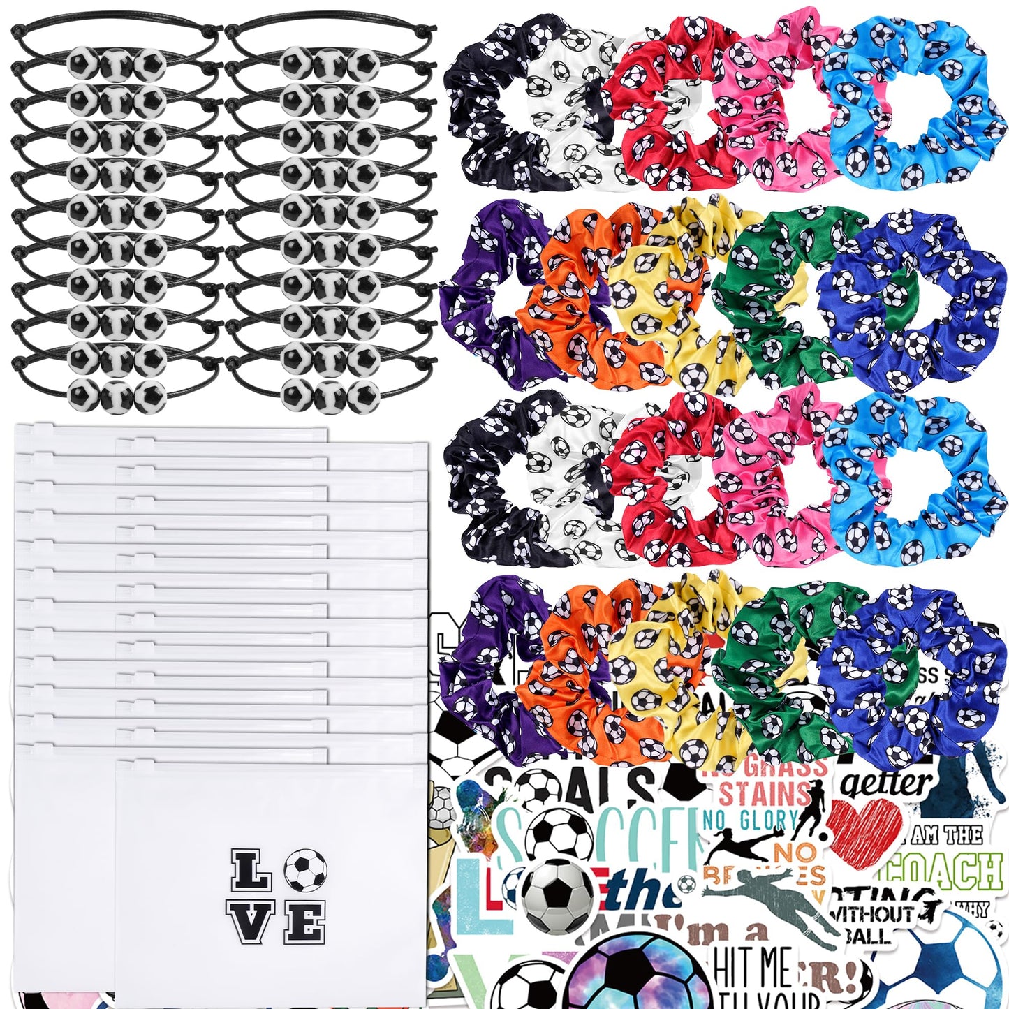 160 Pieces Soccer Team Gifts for Women with Soccer Scrunchies Hair Ties, Makeup Bag,Stickers for Sports Party Supplies