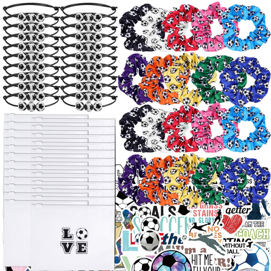 160 Pieces Soccer Team Gifts for Women with Soccer Scrunchies Hair Ties, Makeup Bag,Stickers for Sports Party Supplies