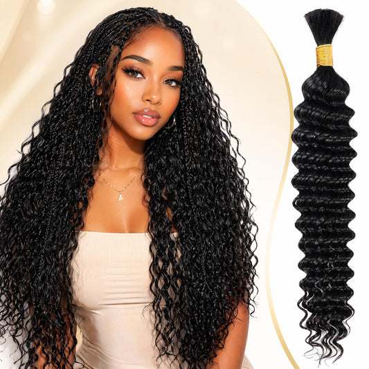Human Braiding Hair for Boho Braids Human Boho Braiding Hair 1 Bundle 50g 30 Inch 12A Deep Wave Human Hair Bundles Boho Hair for Braiding No Weft Natural Color Bulk Boho Human Hair for Braiding