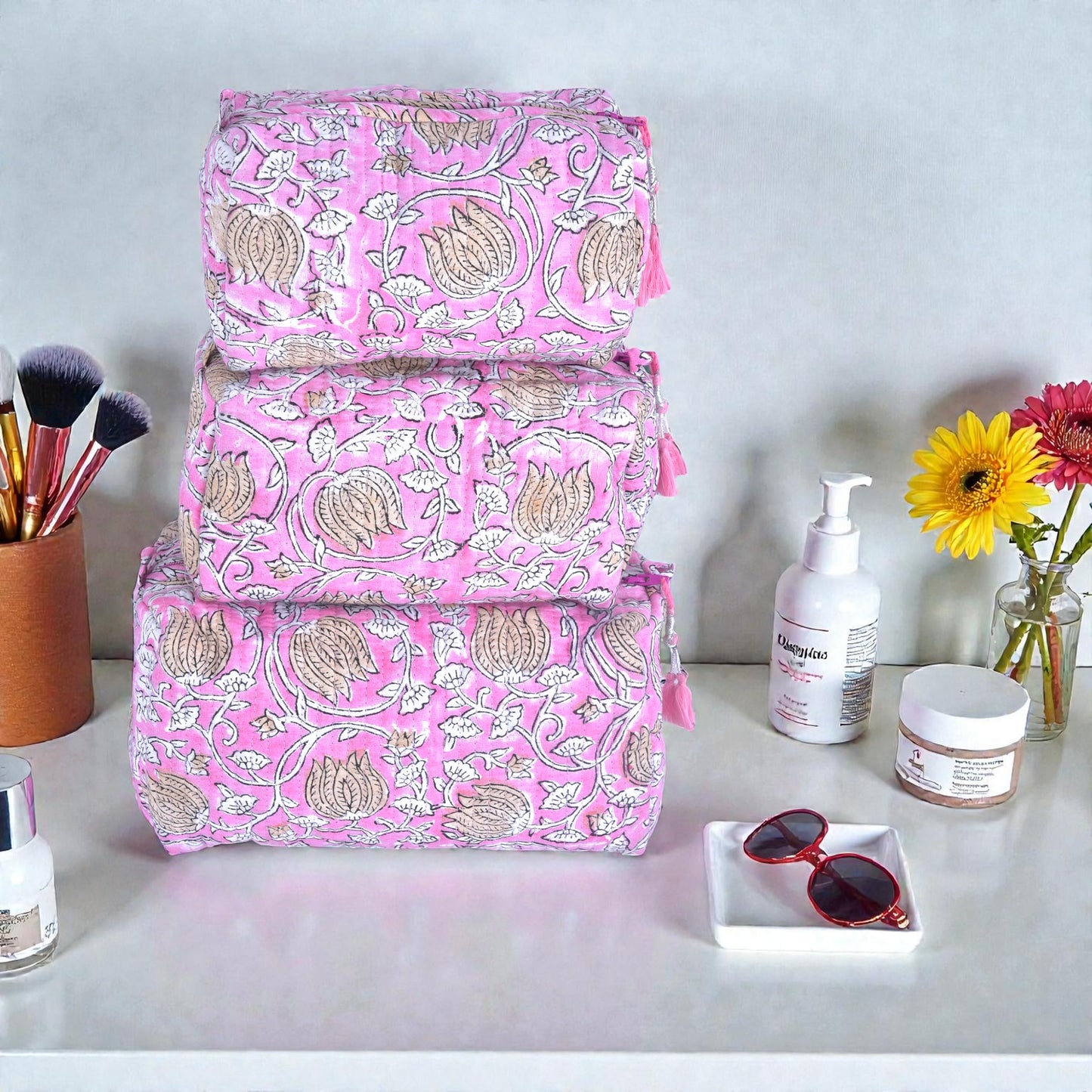 Quilted Floral Block Print Makeup Bag Set of 3 – Cotton Travel Toiletry and Makeup Organizer, Cosmetic Pouch, Toiletry Bag for Women, Cute Boho Coquette Make Up Bags for Women (Small, Medium, Large)