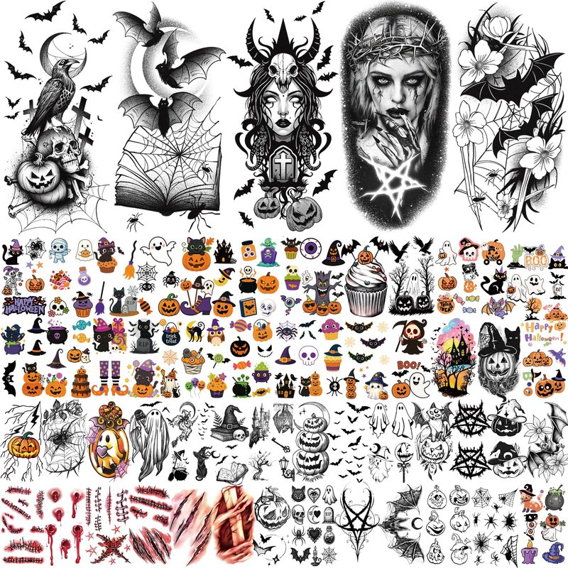77 Sheets Halloween Temporary Tattoos Women Men, 17 PCS Half Sleeve Pumpkin Bat Crow Witch Skull Fake Tattoos for Adult, 60 PCS Spider Cat Ghost Scar Tiny Realistic Face Body Tattoos Stickers