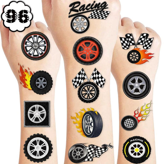 100 PCS Wheel Tire Checkered Flag Temporary Tattoos Themed Birthday Party Decorations Favors Supplies Décor Race Car Black And White Tattoo Stickers Gifts For Game Boys Girls Classroom School Prizes