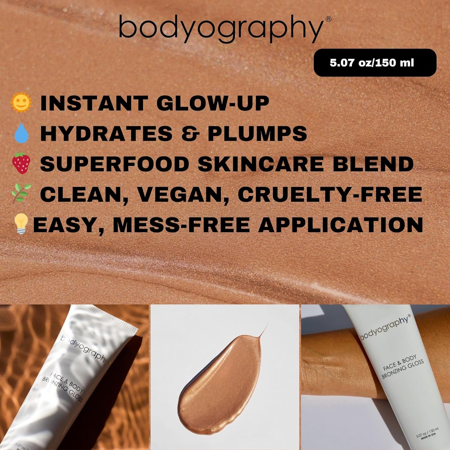Bodyography Bronzing Gloss for Women - Hydrating Glow with Jojoba Oil & Hyaluronic Acid | 1.69 oz, Vegan Shimmer Finish