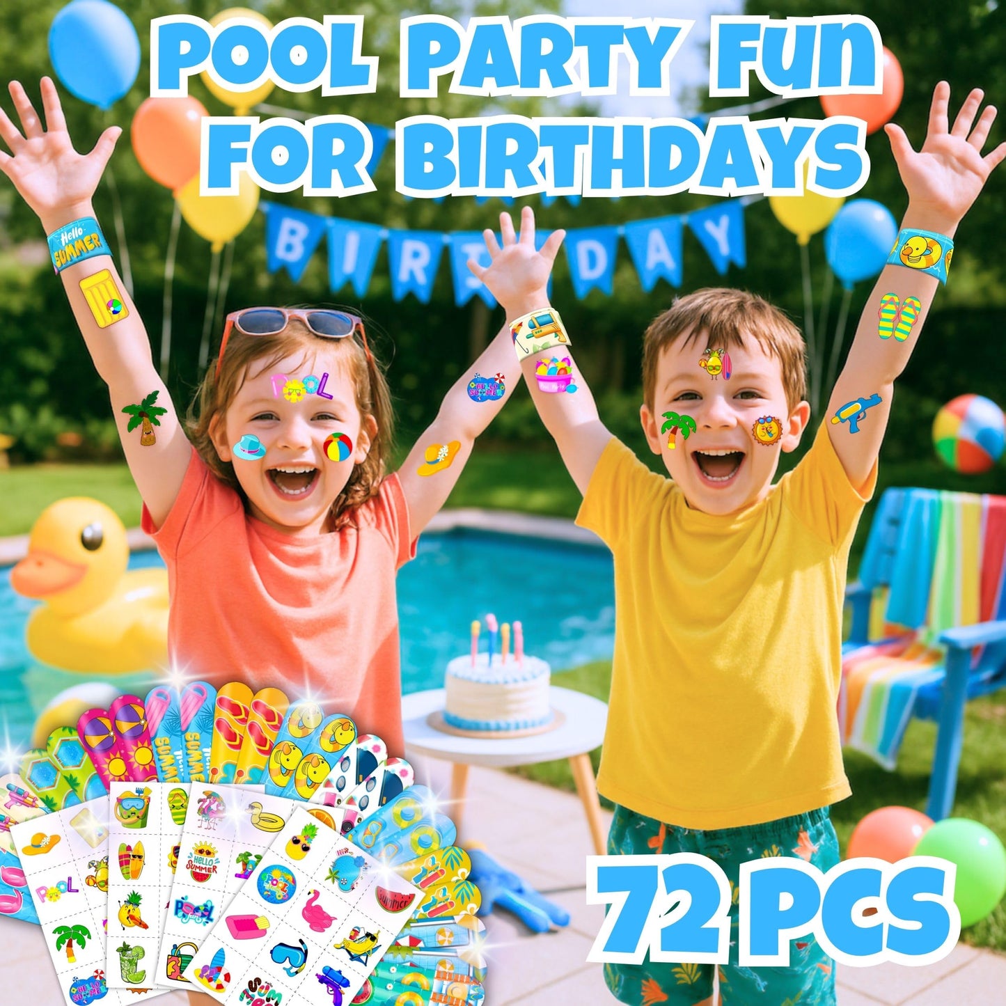 Cherisnowy 72PCS Pool Beach Summer Party Favors, Tattoos & Slap Bracelets