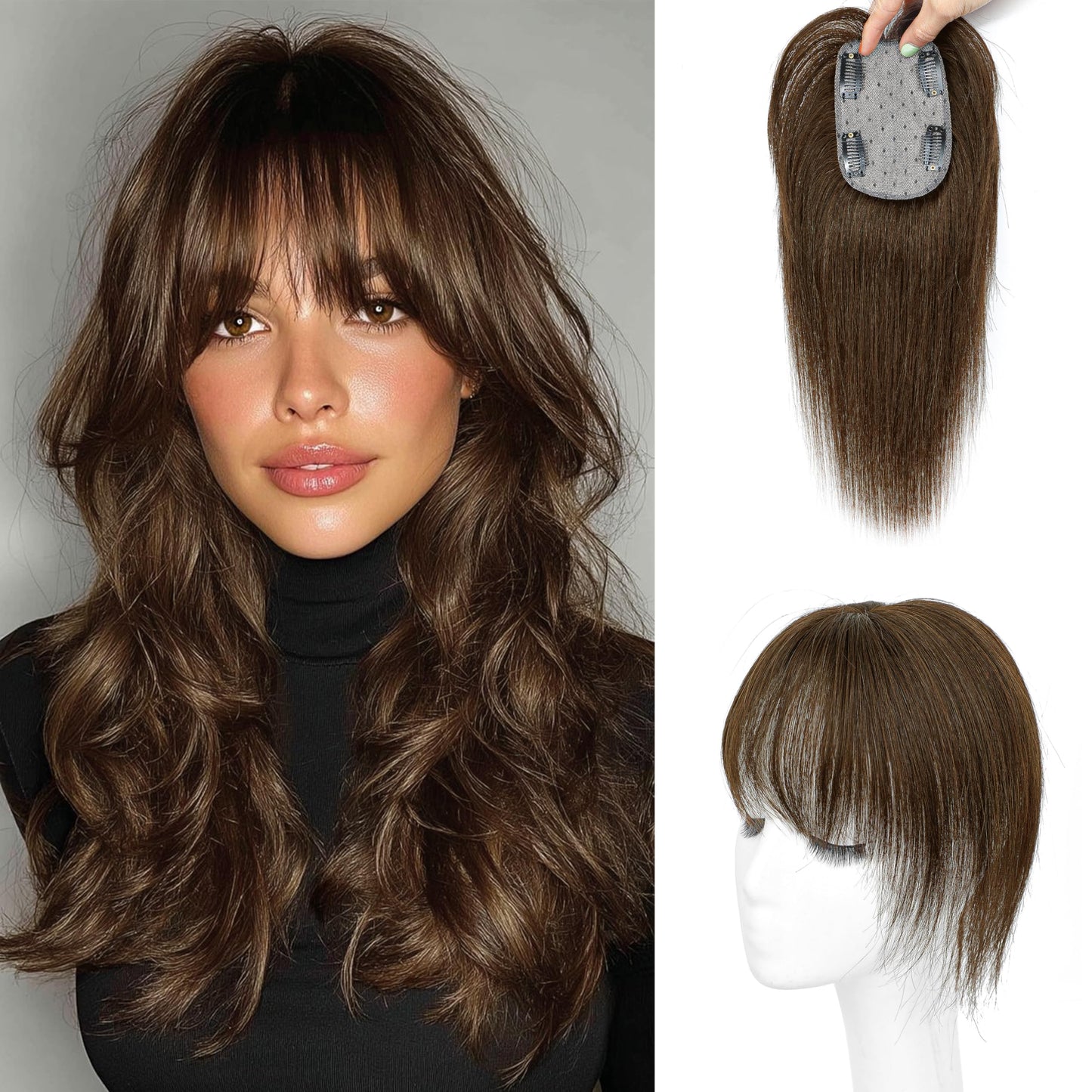 DinkyTims Human Hair Toppers for Women - 150% Density Clip In Hair Topper with Bangs U Shape 10 Inch Toppers Hairpieces for Women Perfect for Thinning Hairr Ideal for Daily Use Dark Brown
