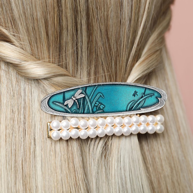 Danforth – Teal Dragonfly Barrette Large – Handcrafted Pewter Dragon Fly Barrette – Large French Clip – Thick Hair Friendly – 4” Long, Made In USA