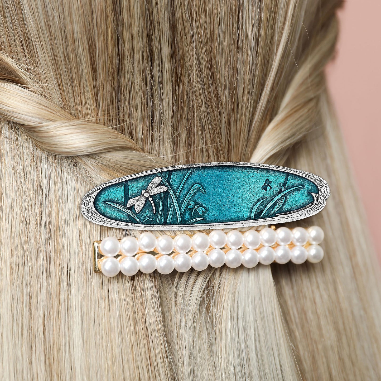 Danforth – Teal Dragonfly Barrette Large – Handcrafted Pewter Dragon Fly Barrette – Large French Clip – Thick Hair Friendly – 4” Long, Made In USA