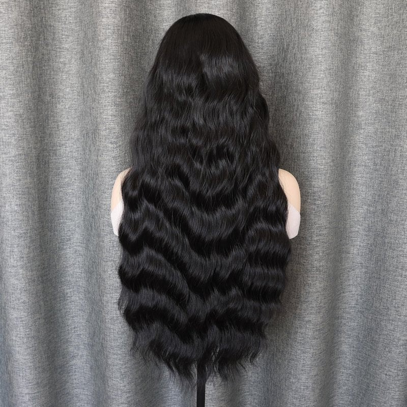 WXHWCX Long Black Middle Part Wavy Wig For Women Heat Resistant Fiber Hair Synthetic Lace Front Wigs Daily Party Use Wigs