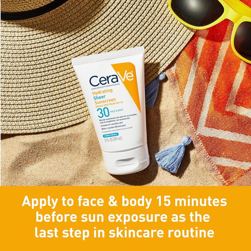 CeraVe Hydrating Sheer Sunscreen SPF 30 - Mineral & Chemical Formula with Zinc Oxide | 5 Ounces