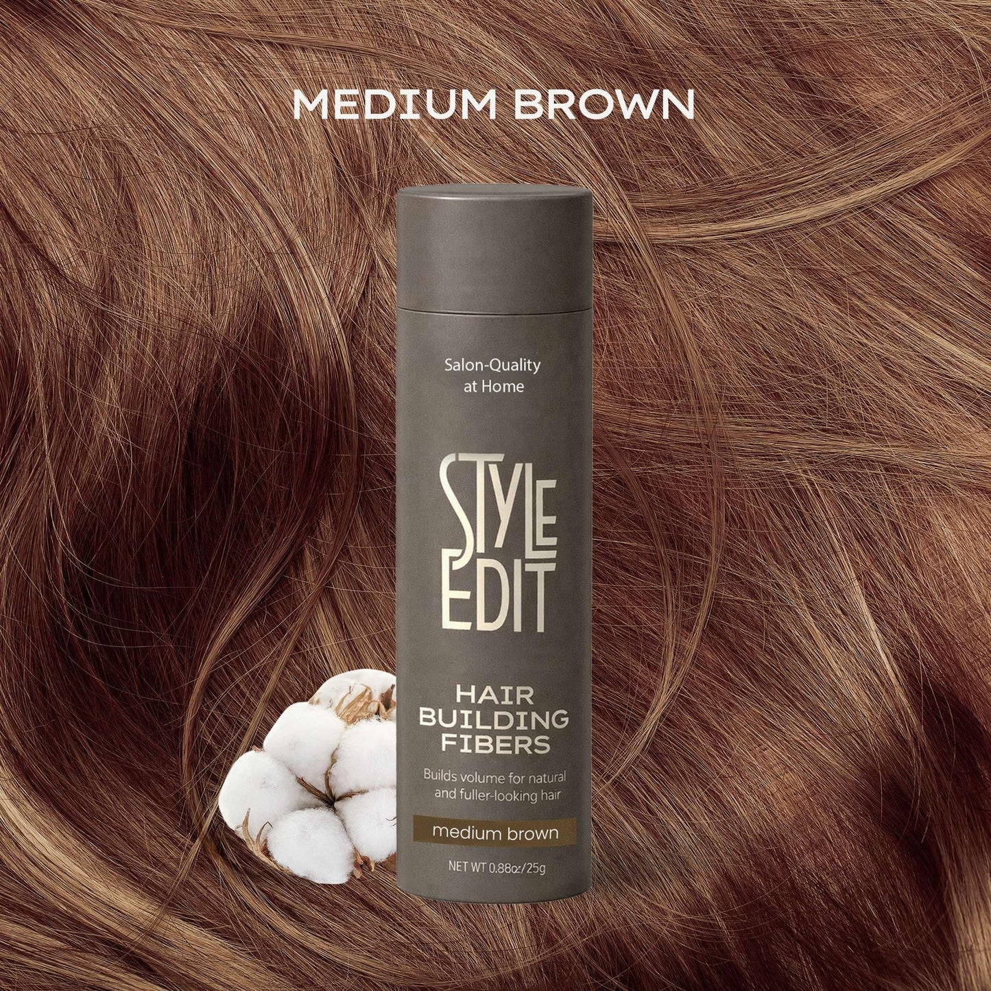 Style Edit Hair Building Fibers for Thinning Hair | Conceals Receding Hairlines, Fine Hair & Bald Spots for Fuller looking hair, 100% Plant-Based Thickening Powder for Men & Women, Medium Brown 0.88oz