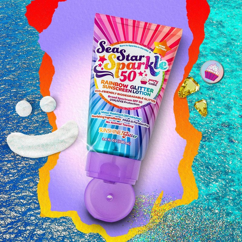Rainbow Party Cake Scented Glitter Sunscreen - SPF 50, Biodegradable & Water Resistant | 3.4oz Kids Lotion