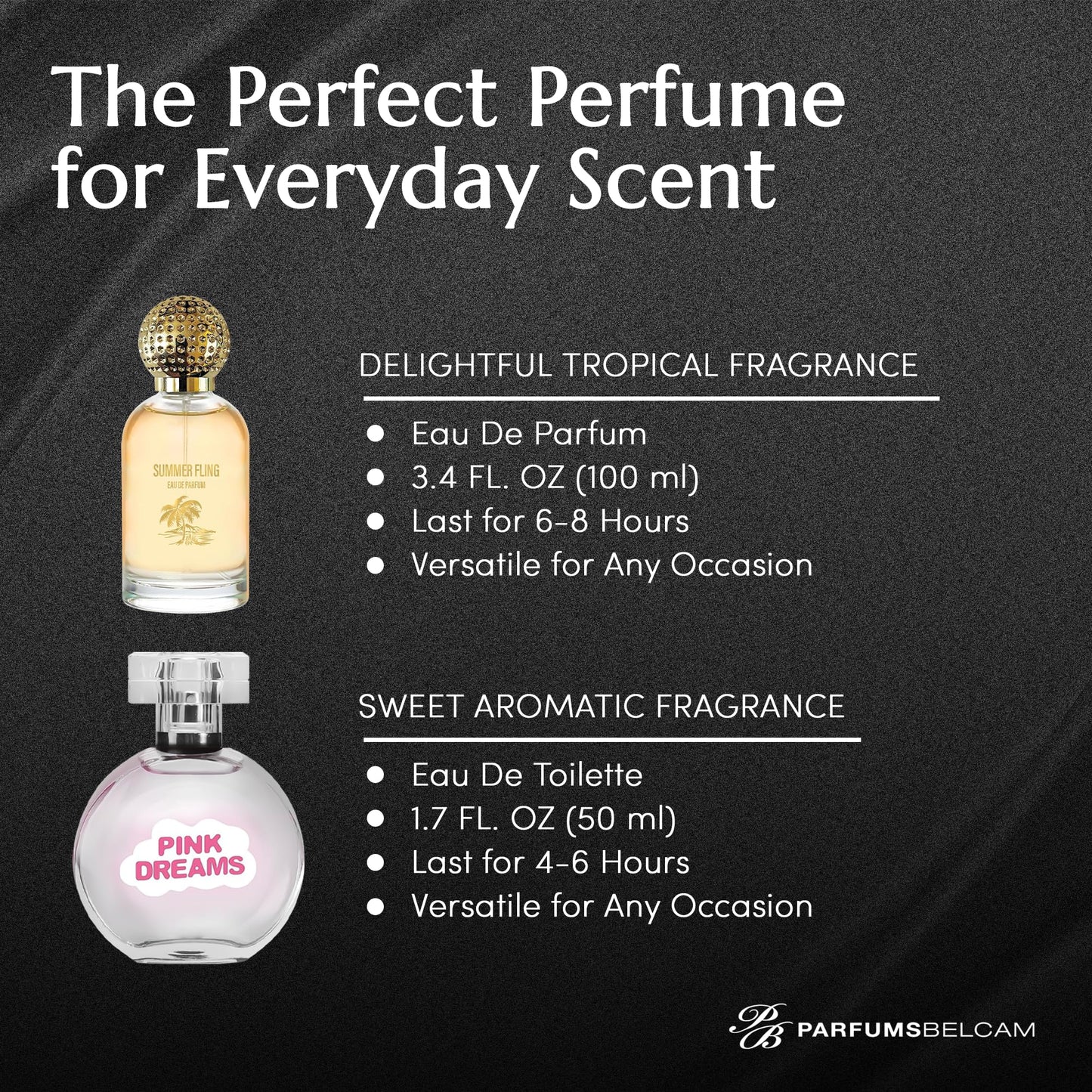 PB ParfumsBelcam Pink Dreams & Summer Fling Bundle, Floral Perfume for Women, Long-Lasting Eau de Parfum & Eau de Toilette for Everyday Wear, Spray Perfume for Women – 50ml/1.7 fl oz & 100ml/3.4 fl oz