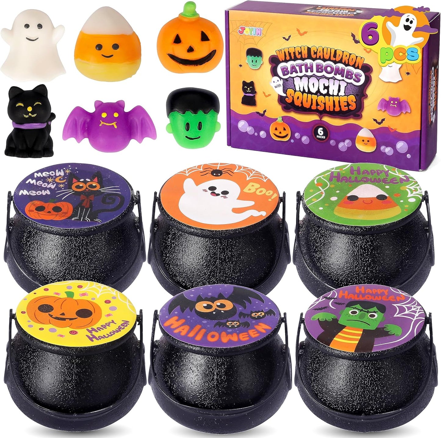 Halloween Witch Cauldron Bath Bombs - 6 Pack with Surprise Mochi Toy | Kids Party Favors & Goodie Bag Stuffers