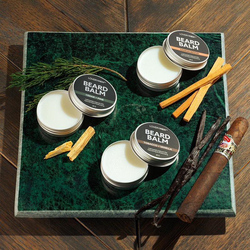 LOVERY Beard Balm for Men, Gift Set in Unscented, Sandalwood, Tobacco Vanilla, Cedar Pine Fragrances, All-Natural Wax, Cream Softener Butter, 4 Pack