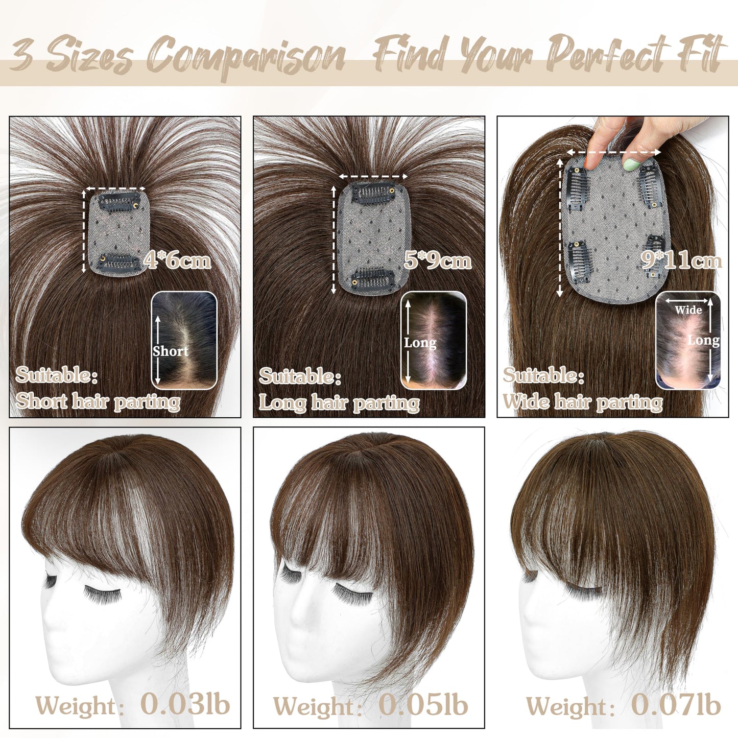 DinkyTims Human Hair Toppers for Women - 150% Density Clip In Hair Topper with Bangs U Shape 10 Inch Toppers Hairpieces for Women Perfect for Thinning Hairr Ideal for Daily Use Dark Brown