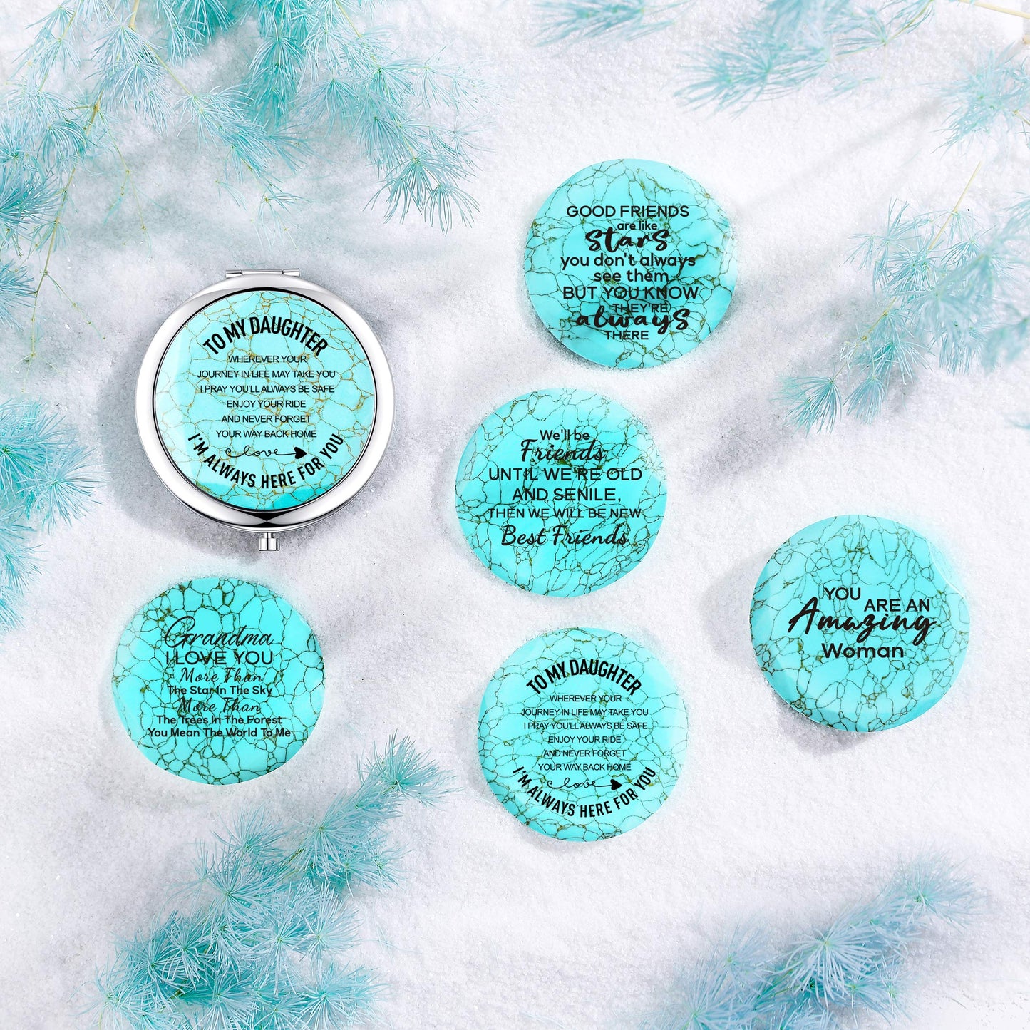 Daughter Gifts from Mom and Dad,Sweet Birthday Gift for Daughter Teen Girls Keepsake,Unique Engraved Natural Turquoise Compact Mirror