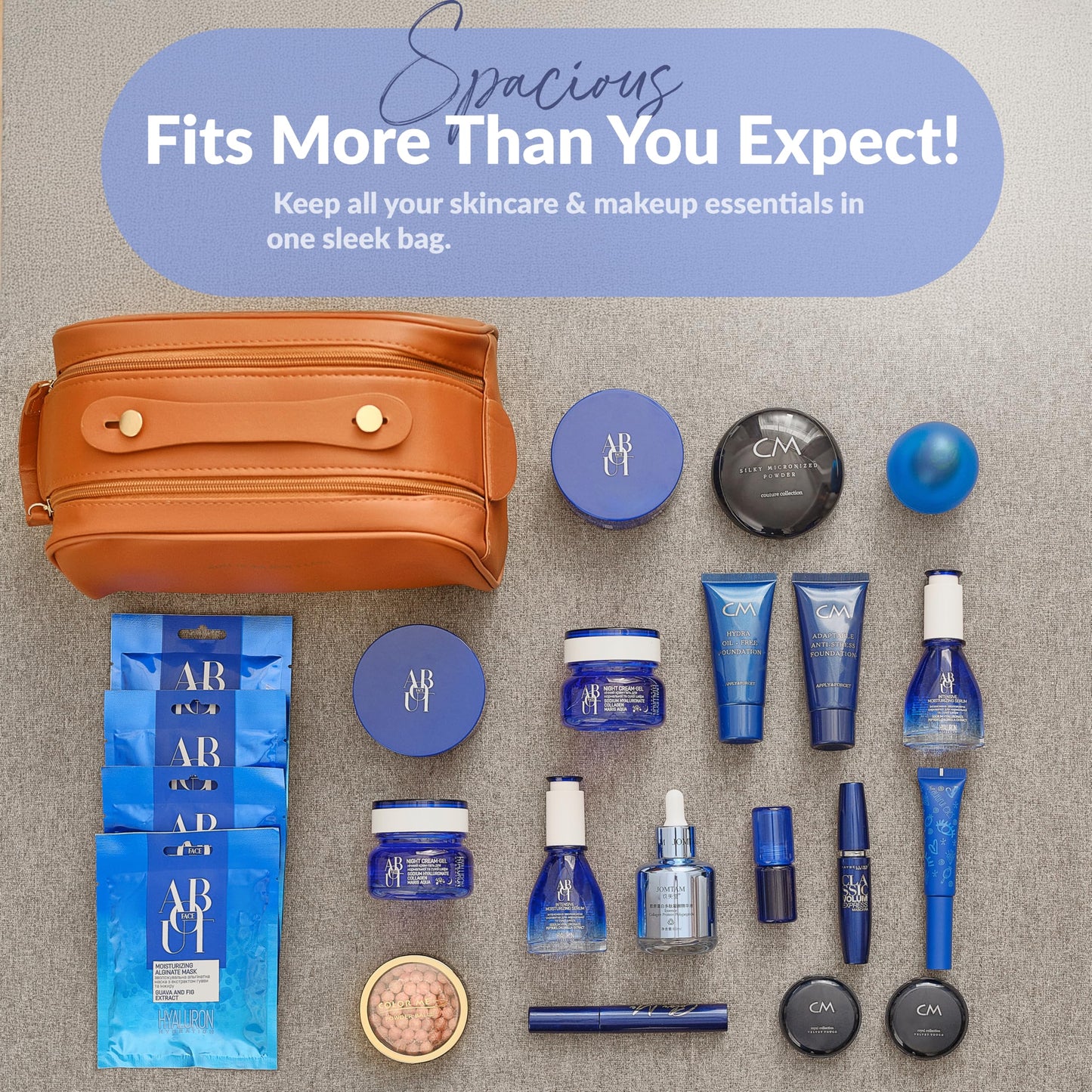 ONE BY ONE Travel Makeup Bag Set - Waterproof Cosmetic Bag with 2 Refillable Perfume Atomizers, Portable Toiletry Organizer for Women