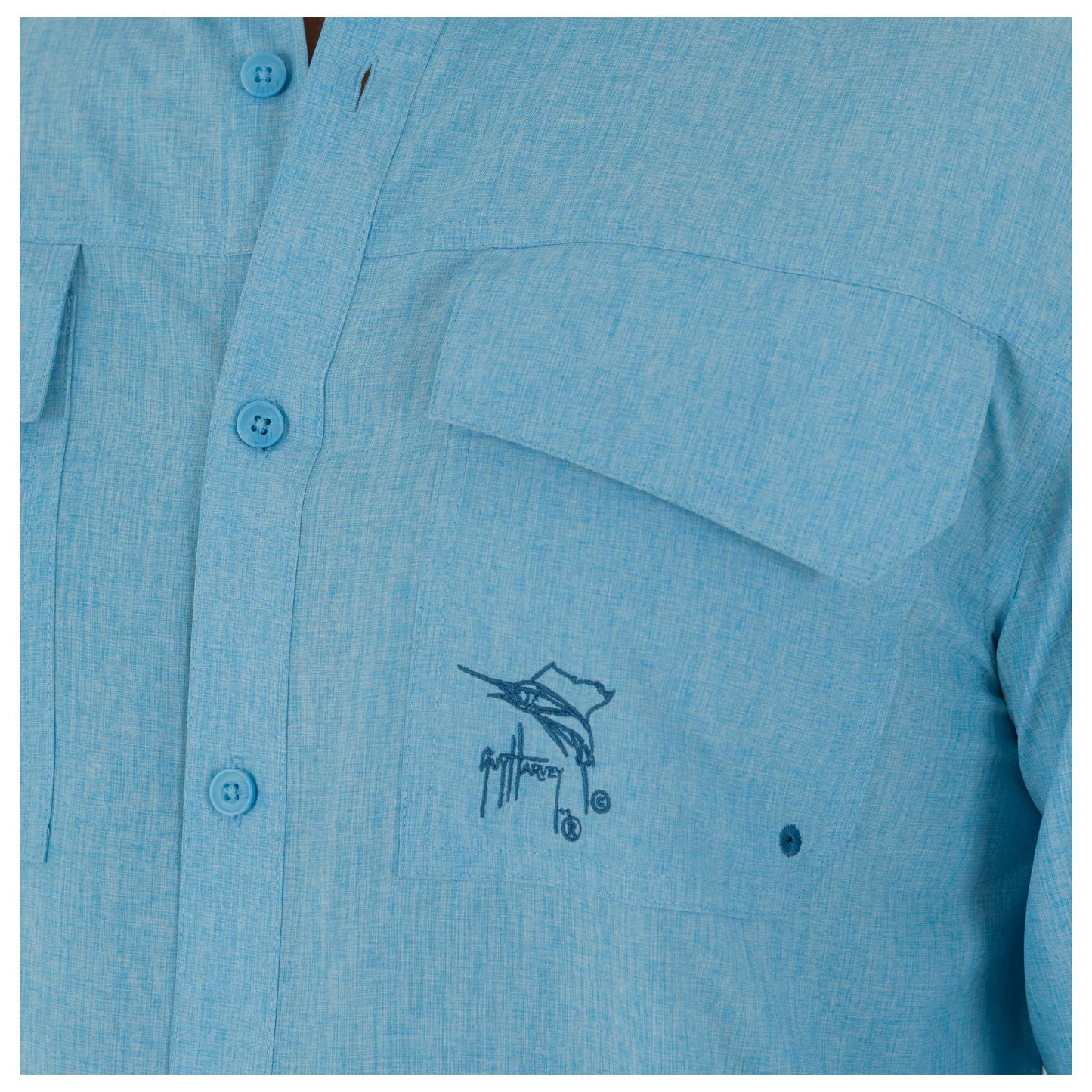 Guy Harvey Men's Long Sleeve Harbor Heather Performance Fishing Shirt, Bonnie Blue, Large