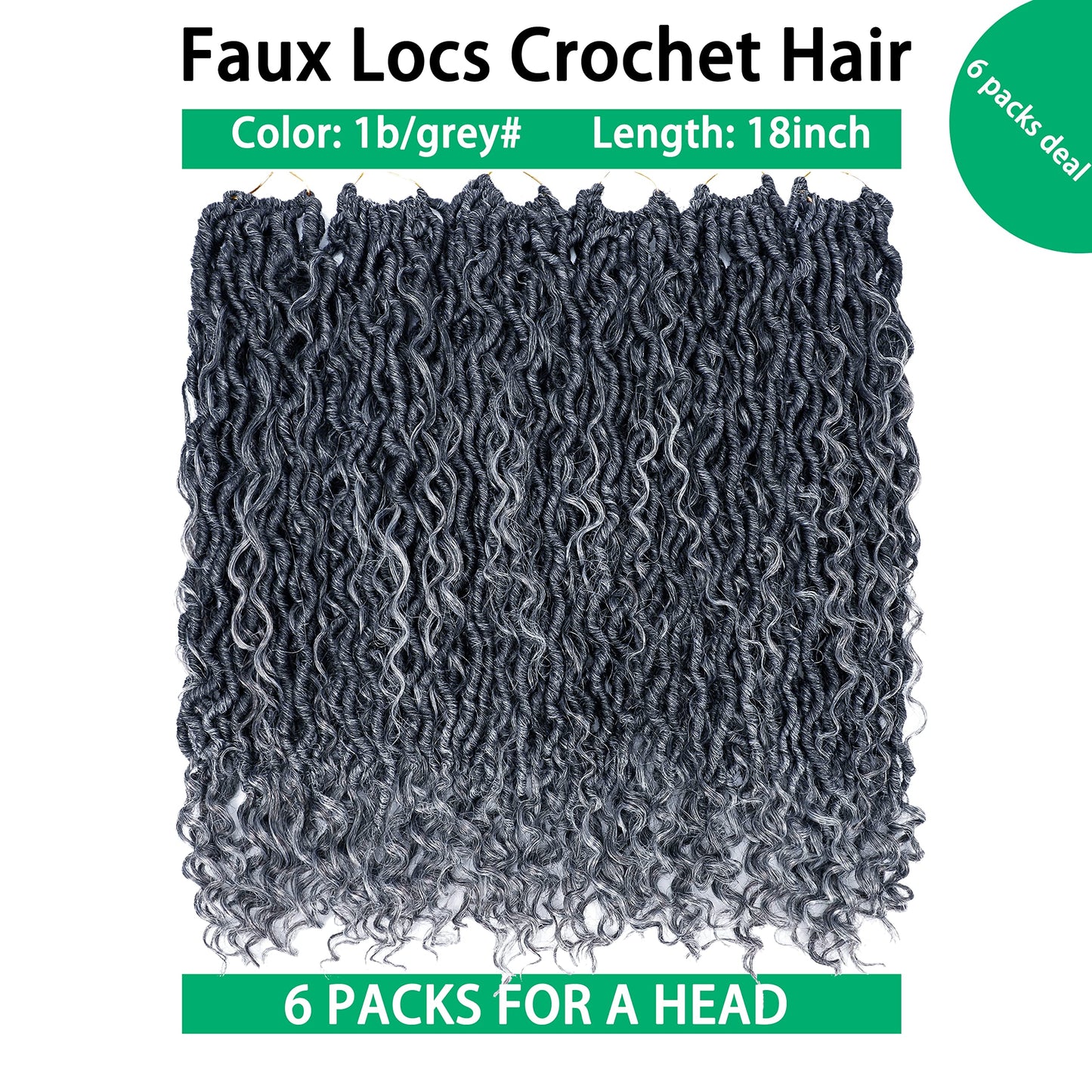 Faux Locs Crochet Hair 18 Inch Goddess Locs Ombre Grey Crochet Hair for Women 6 Packs Soft River Gray Pre Looped Braids with Curly Ends Boho Hippie Synthetic Hair Extensions, 1b/grey